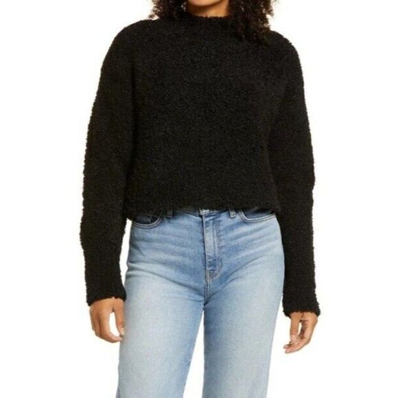 Halogen Boucle Cropped Teddy Bear Sweater, Black, L - Picture 1 of 9